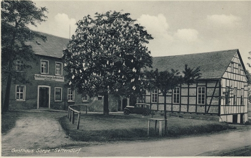 Postkarte Gasthaus Sorge-Settendorf, Besitzer Kurt Schumann