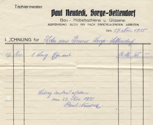 Rechnung Tischlermeister Paul Neudeck von 1935