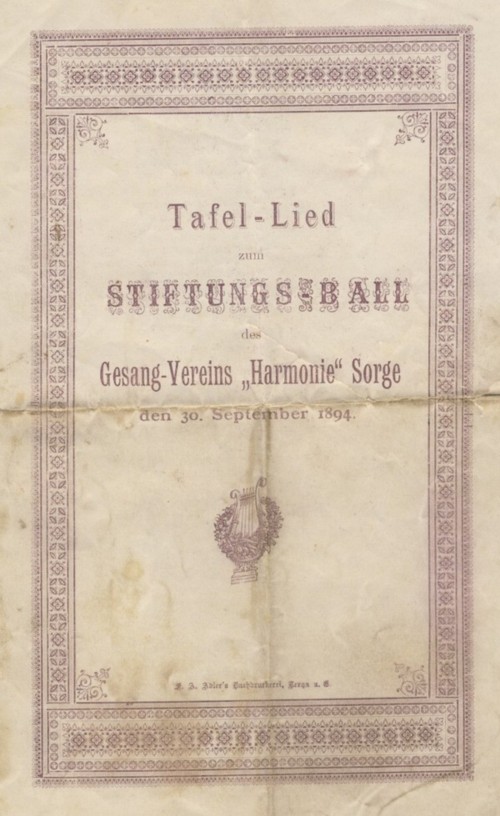 Tafel-Lied zum Stiftungsball des Gesang-Vereins Harmonie Sorge vom 30. September 1894