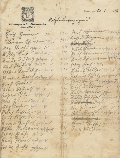 Mitgliederverzeichnis des Gesangverein HARMONIE Sorge (Thür.)aus dem Jahr 1939